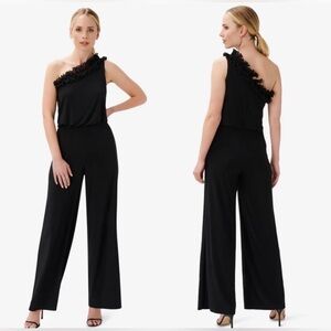 Adrianna Papell Ruffle One Shoulder Wide Leg Jumpsuit Sz 8, Black